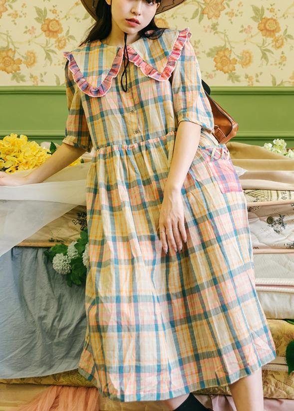 Plaid Ruffled Button Puff Sleeve Summer Cotton Dresses