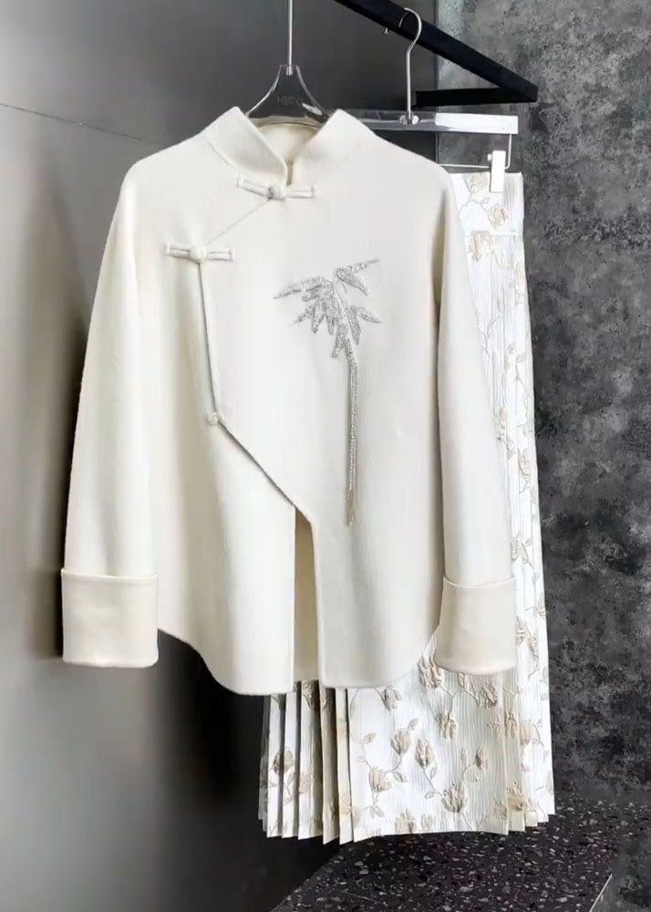 Chinese Style White Stand Collar Embroideried Shirts and Maxi Skirts Two Pieces Set Fall