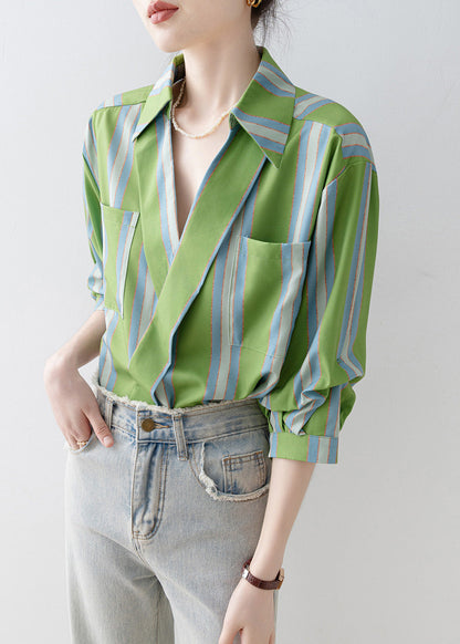 Green Peter Pan Collar Striped Cotton Shirt Top Half Sleeve