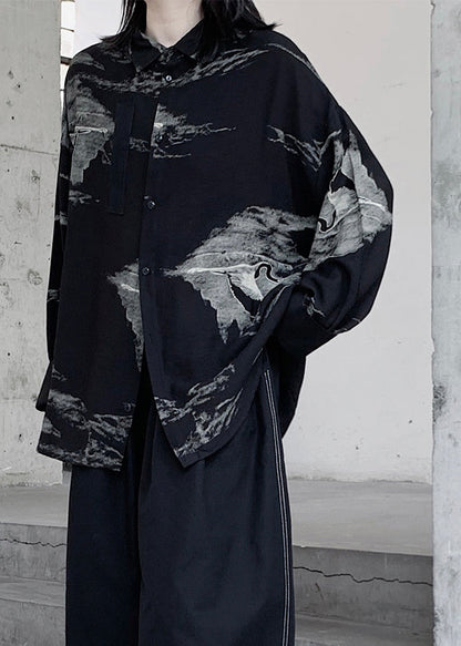 Black Peter Pan Collar Tie Dye Button Shirts Fall