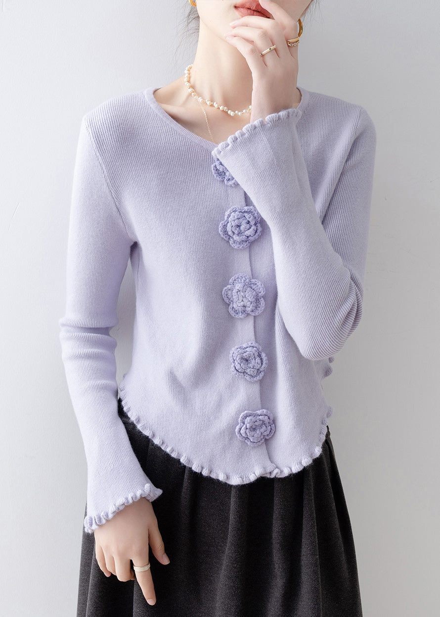 French Purple Ruffled Slim Fit Knitted Tops Spring
