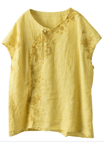 Yellow Embroideried Chinese Button Linen Tanks Summer
