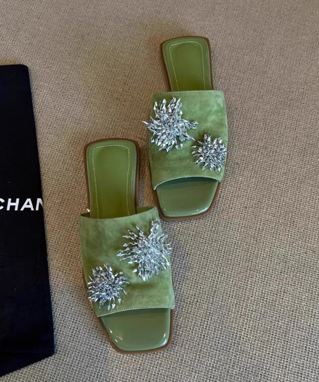 Italian Splicing Green Cowhide Leather Slide Sandals Peep Toe