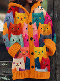 Vintage Colorful Cats Pattern Cozy Hooded Cardigan elevenforest