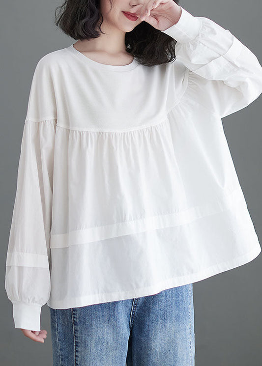 White Loose Patchwork Cotton Blouse Top O Neck Puff Sleeve