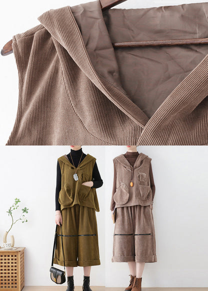 Mustard Green Velour Hooded Waistcoat and Crop Pants Two Pieces Set Fall
