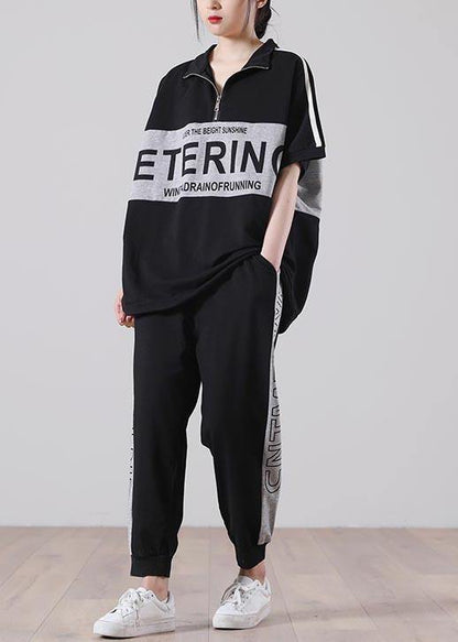 Unique Black Patchwork Cotton Summer Two Piece Set Clothing