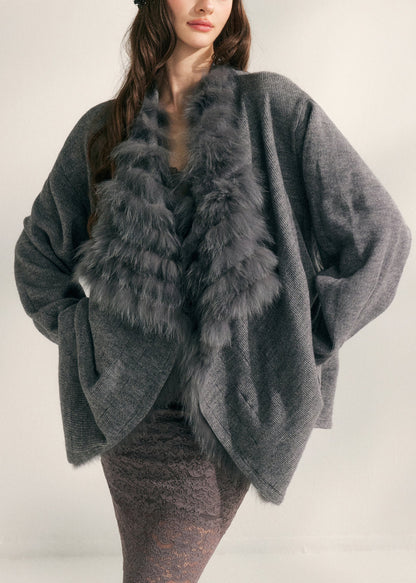 Natural Beige Fox Collar Patchwork Mink Hair Knitted Cardigans Fall