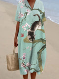 Sakura & Cat Japanese Pattern Women's V-neck Short Sleeve Linen Maxi Dress elevenforest