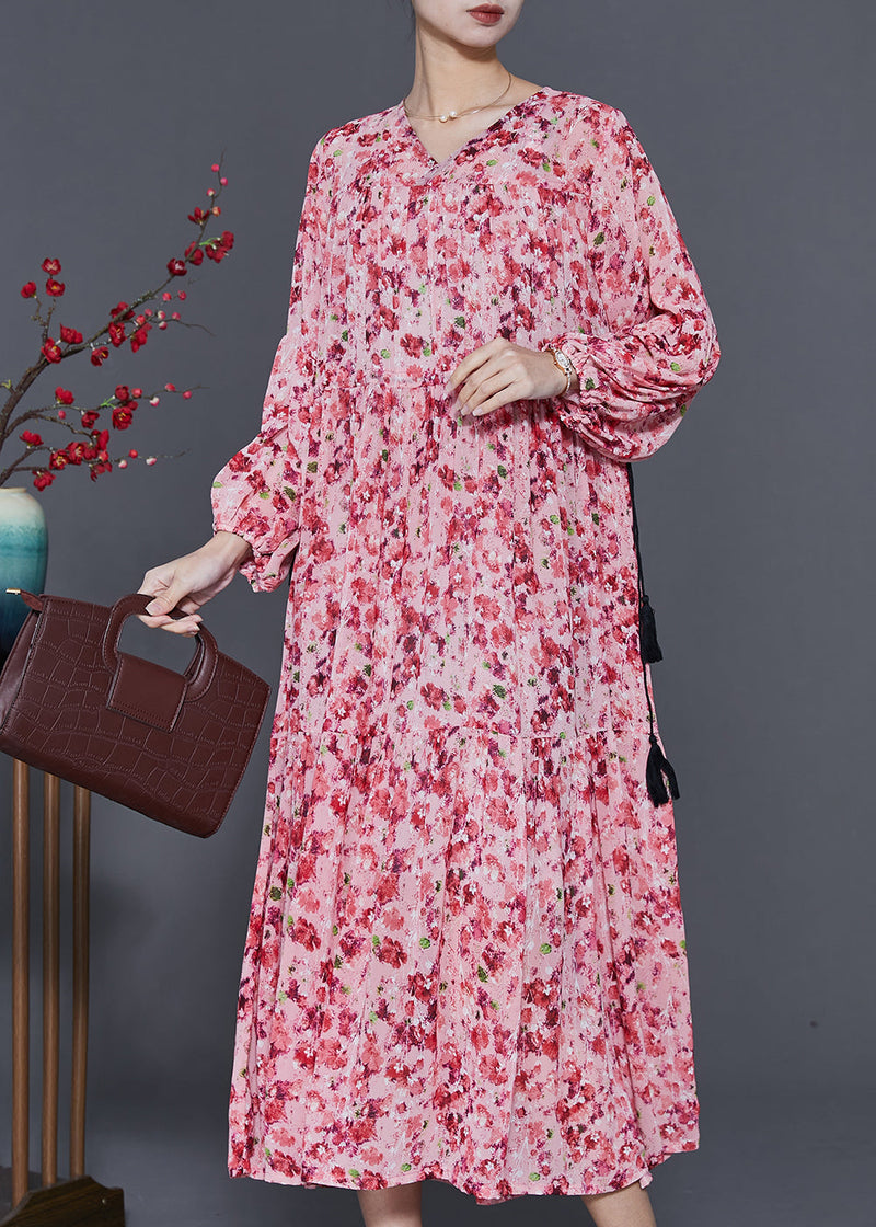 Pink Cinched Print Chiffon Holiday Dress Spring