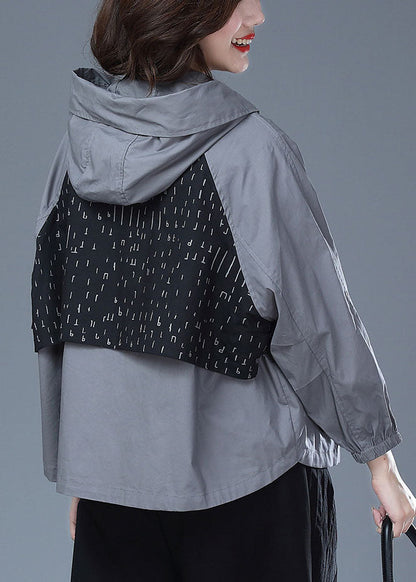 Black Hooded Print Pockets Patchwork Cotton Tops Coats Fall