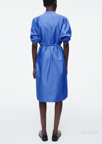 Boutique Blue Tie Waist Cotton Shirt Dresses Summer