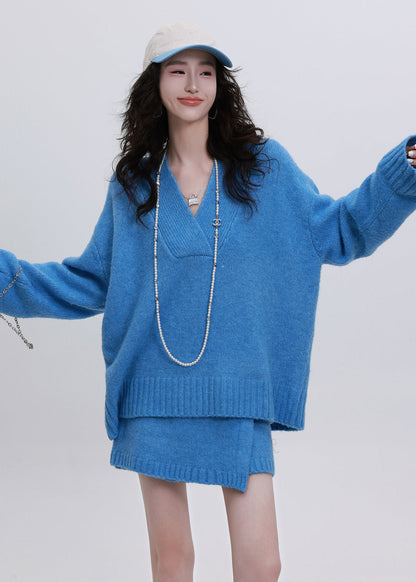 Diy Blue V Neck Asymmetrical Design Knit Two Piece Set Clothing Winter