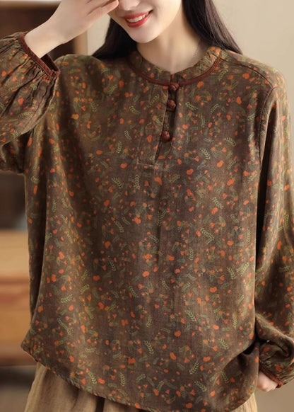 Green Patchwork Button Linen Shirts Long Sleeve