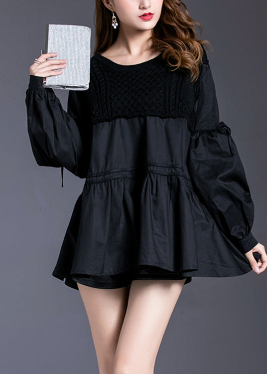 Black Asymmetrical Patchwork Cotton Tops Spring