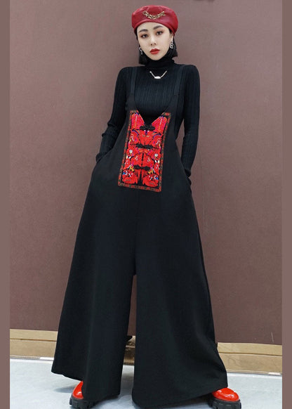 Organic Black Embroideried Wide Leg Pants Jumpsuit Spring