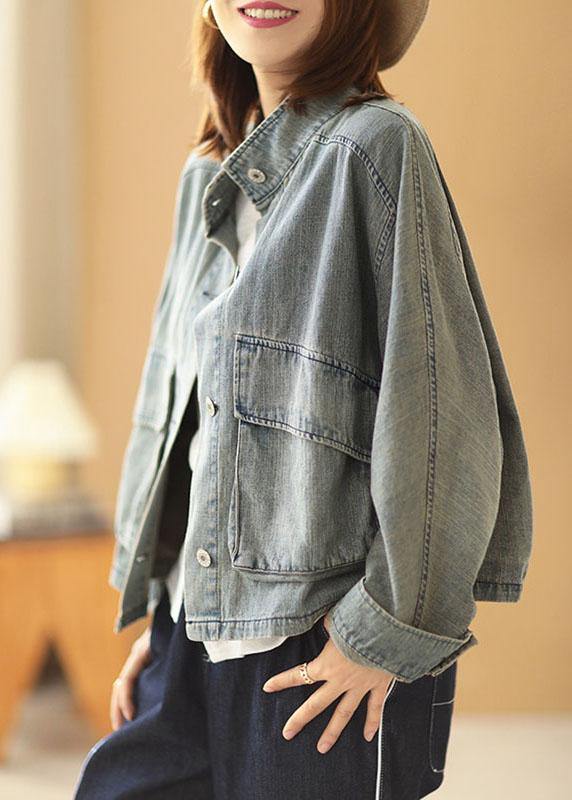 Light Blue Pockets Button Fall Denim Long Sleeve Coat