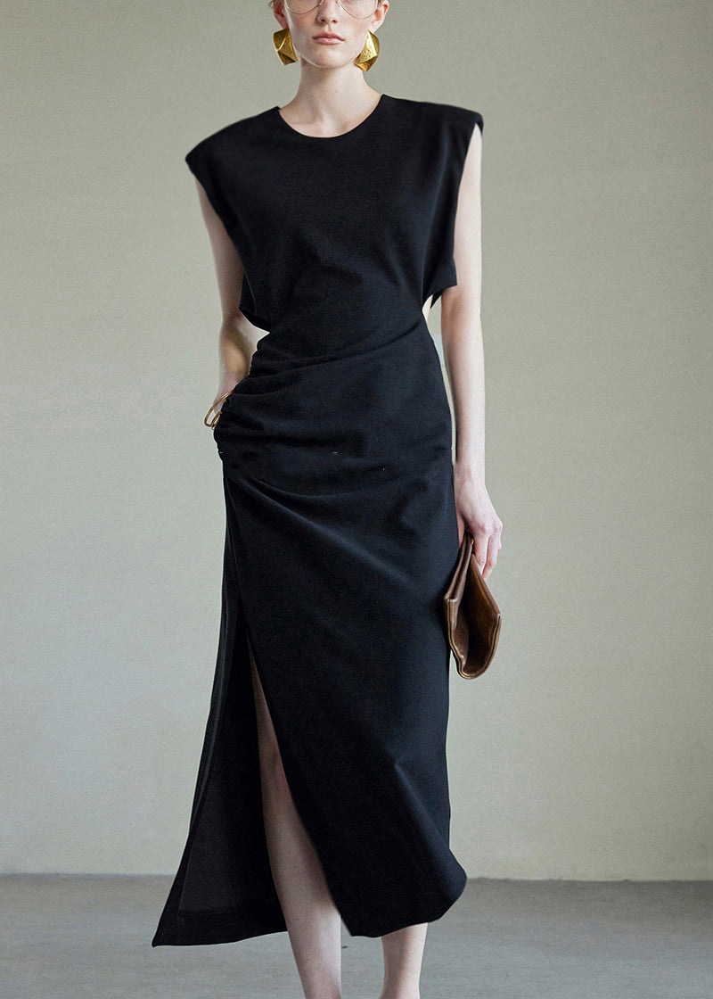 Black Hollow Out Side Open Cotton Long Dress Summer
