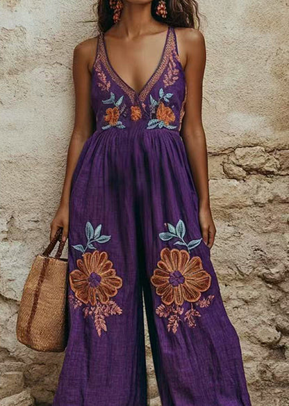 Purple Print Wrinkled Wide Leg Jumpsuit Summer
