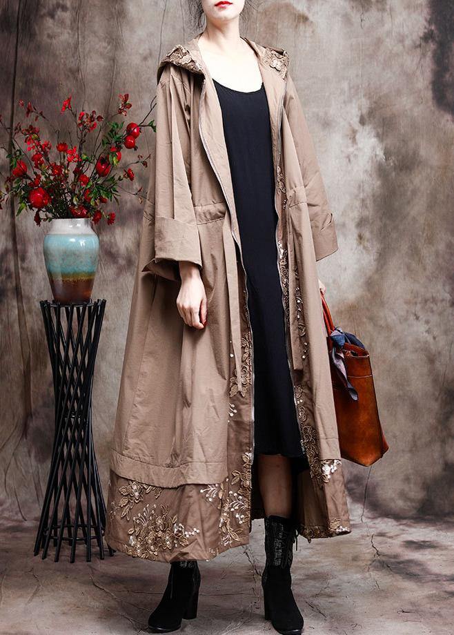 Modern Hooded Coat for Woman Khaki Embroidery Trench Coat