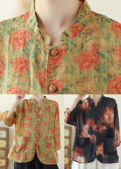 Black Mandarin Collar Print Linen Tops Spring