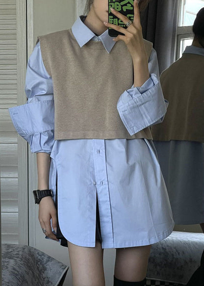 Modern Grey Side Open Knit Waistcoat and Shirts Two Pieces Set Long Sleeve