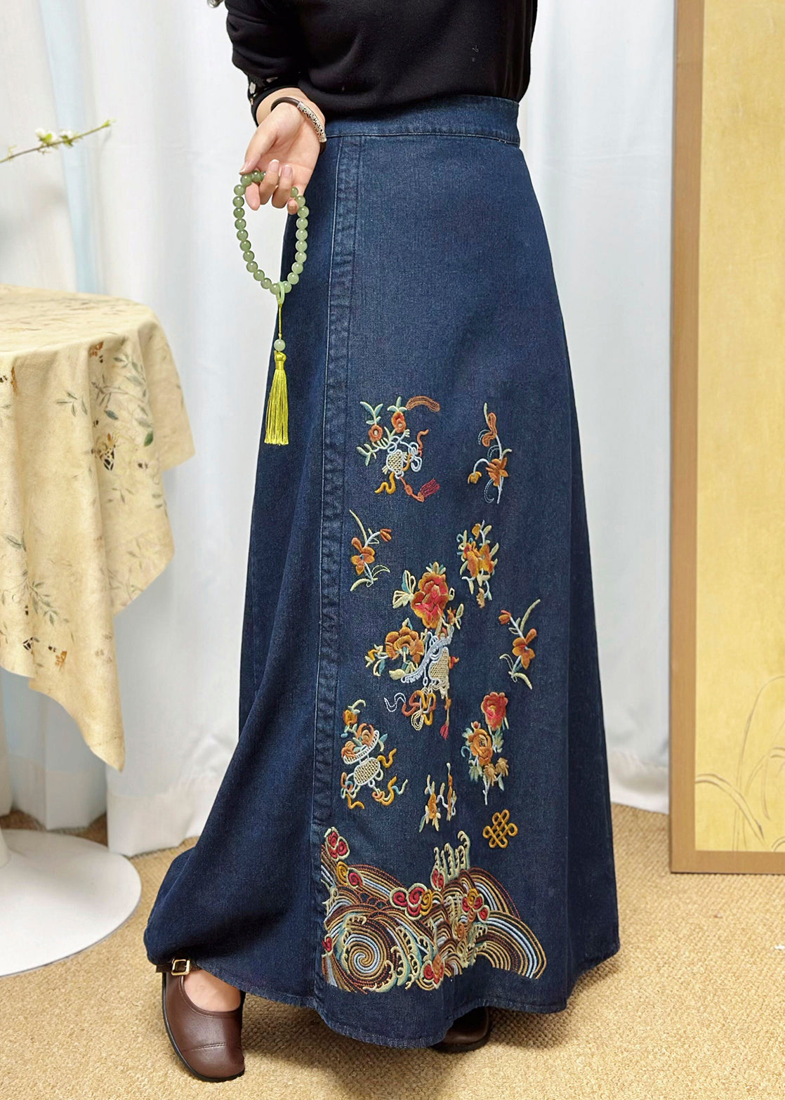 Blue Embroidered Denim a Line Skirt Summer