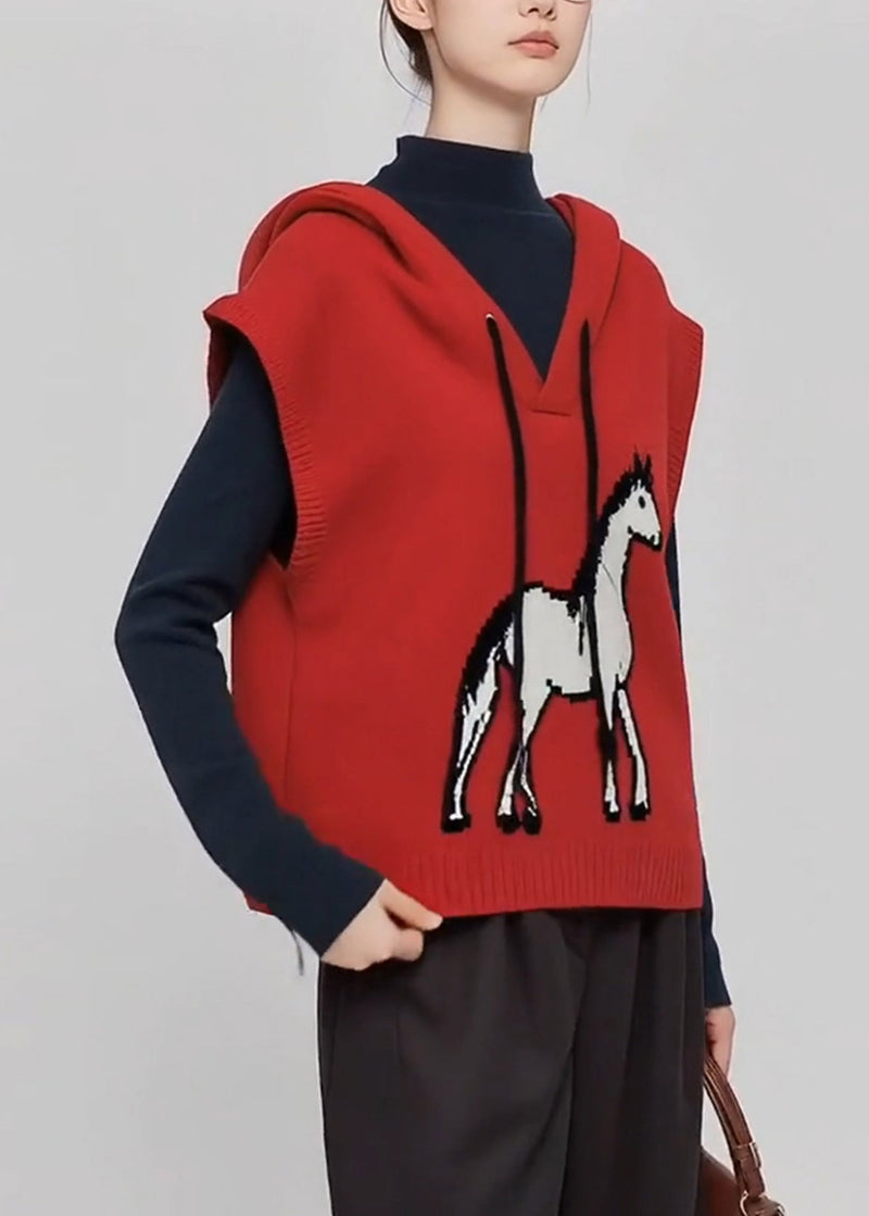 Red Hooded Horse Knit Vests Winter