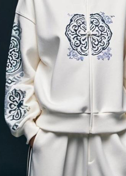 White Print Cotton Pullover Sweatshirt Stand Collar Fall