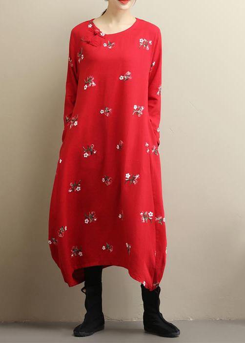 Red Embroidery Long Dress O Neck Asymmetric Art Spring Dresses