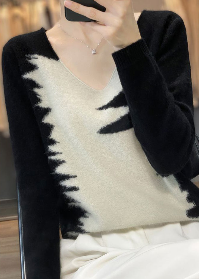 Blue V Neck Patchwork Cozy Top Long Sleeve