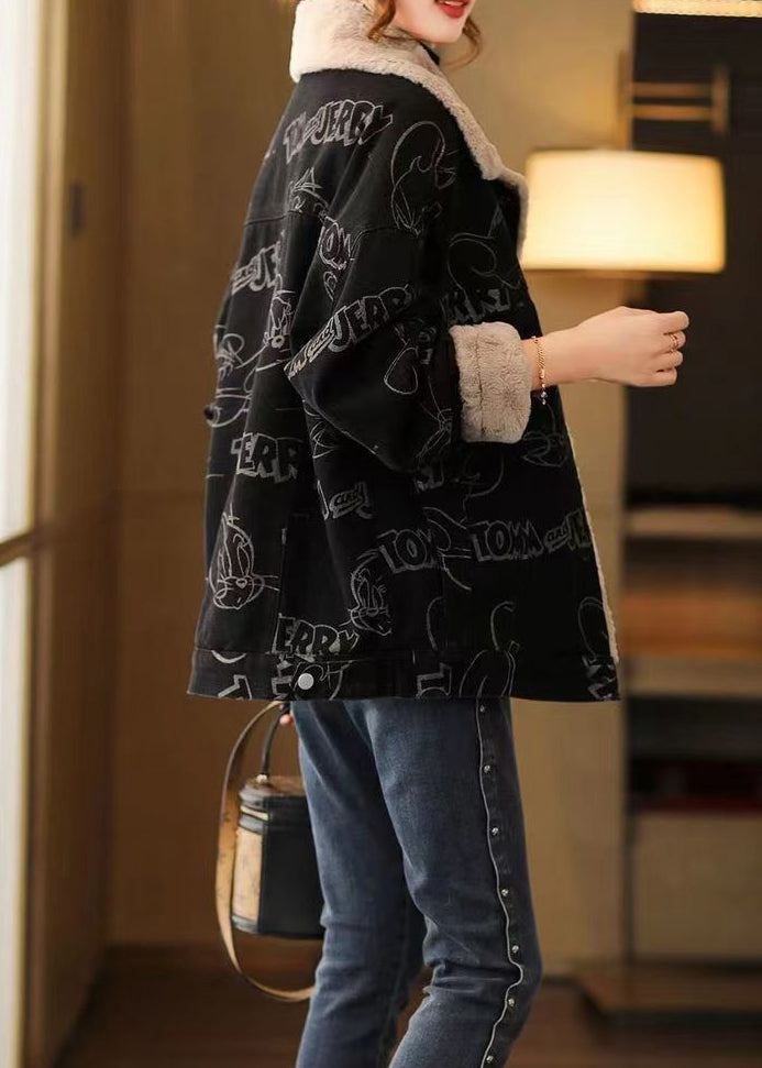 Black Print Button Patchwork Warm Fleece Coat Winter