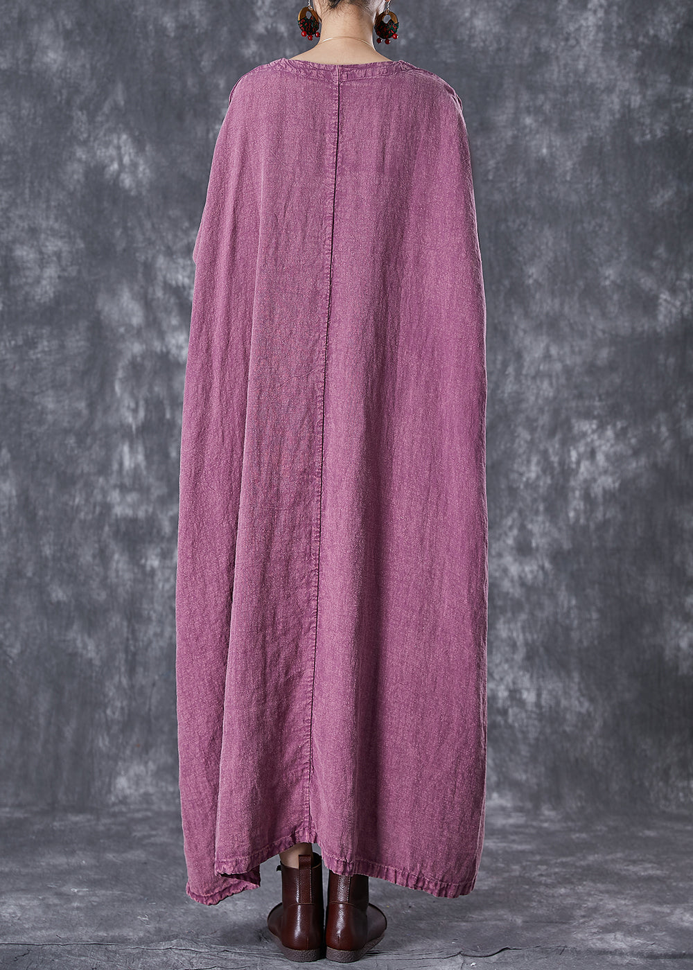 Organic Purple Embroideried Linen Maxi Dresses Fall