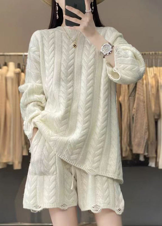 Apricot O-neck Tops and Shorts Knit Two Pieces Set Fall