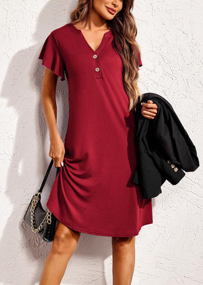 Wine Red Cotton Summer Pajamas Dresses V Neck