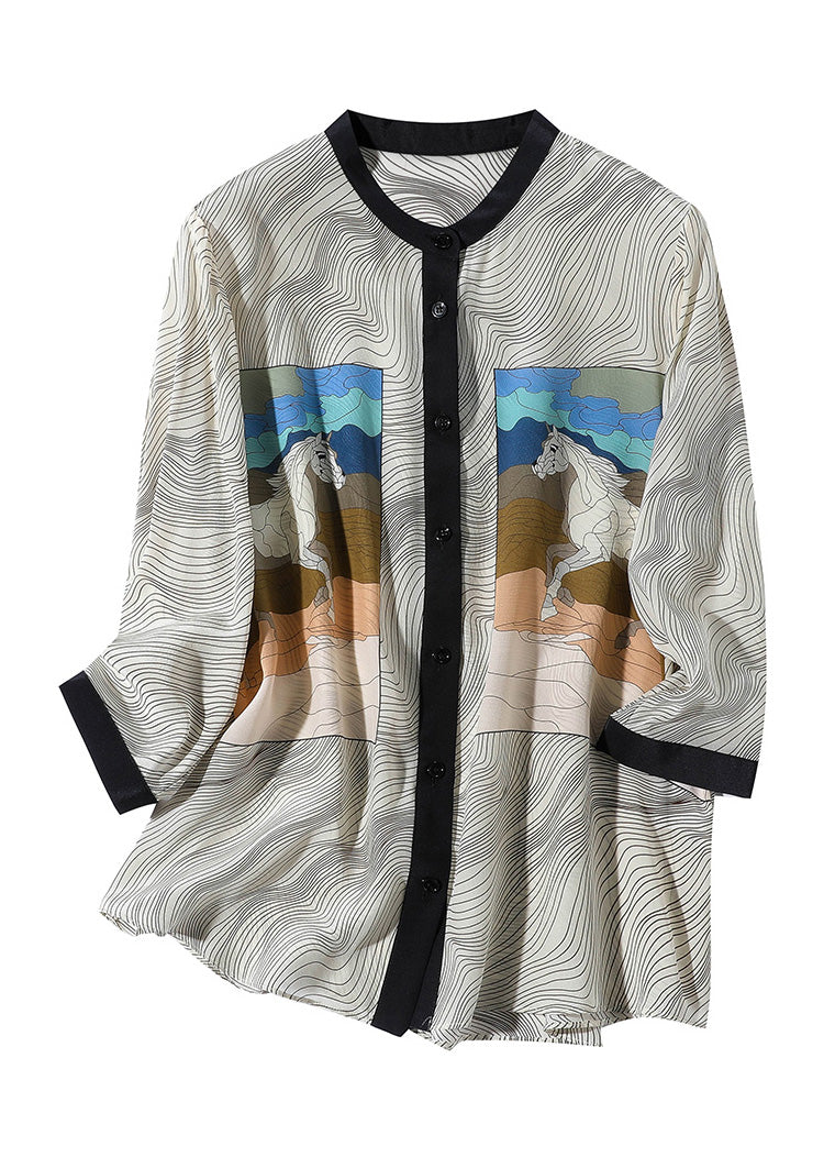 Apricot O-neck Print Button Silk Shirt Long Sleeve