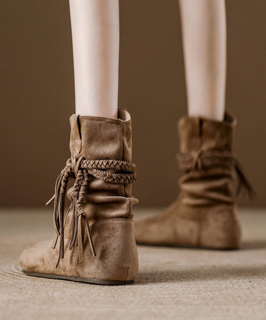 Khaki Tassel Wrinkled Splicing Suede Boots