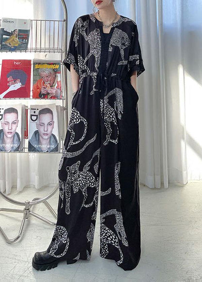 Black Summer Patchwork Wide Leg Print Chiffon Jumpsuit Pants