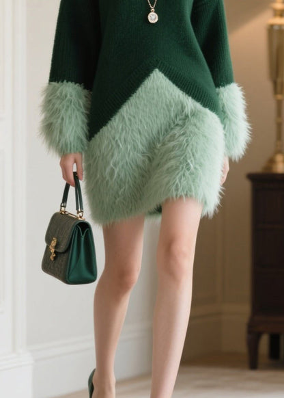 Blackish Green Oversized Patchwork Faux Fur Knitwear Dress Winter