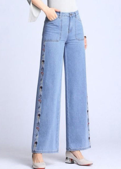 Natural Light Blue Embroideried Pockets Draping Cotton Straight Pants Spring
