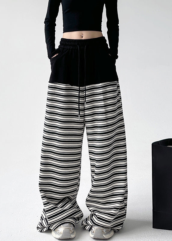 Black White Striped Pockets Tie Waist Wide Leg Pants Sprin