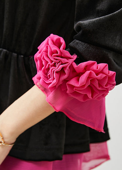 Diy Black Ruffled Patchwork Silk Velour Blouses Spring