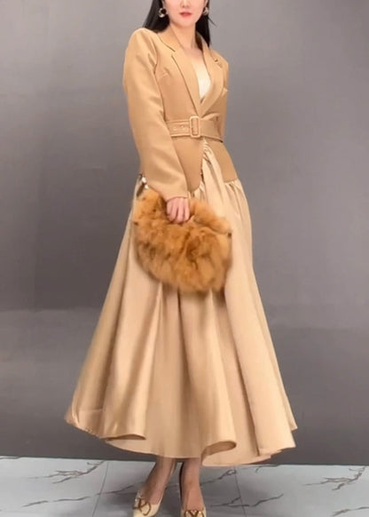 Khaki Notched Patchwork Sashes Long Trench Coats Fall