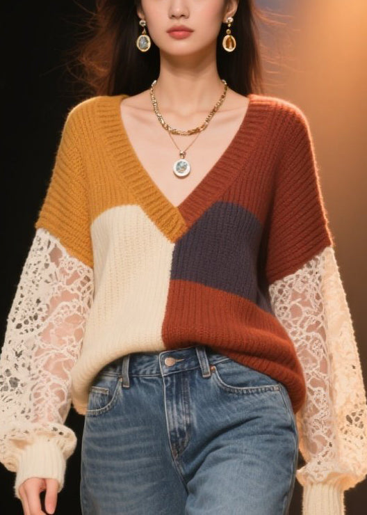 Colorblock Hollow Out Lace Patchwork Knit Sweater Fall