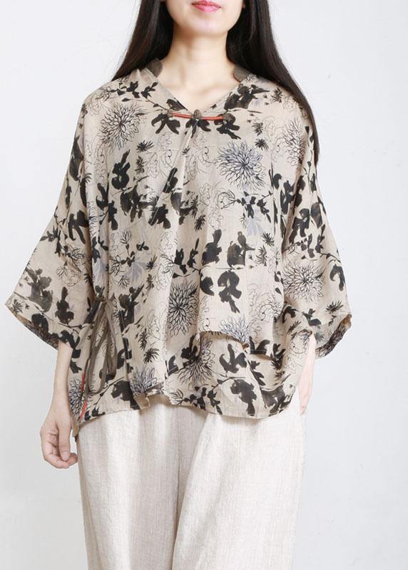 Art Beige Print Oriental Ramie Shirts Fall