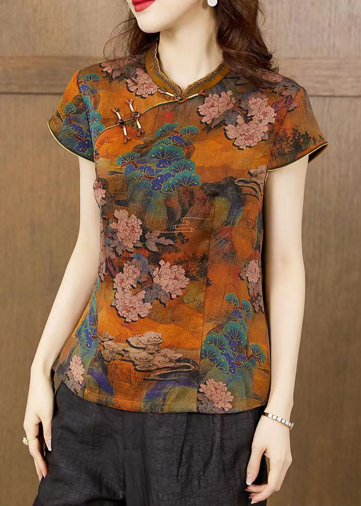 Orange Stand Collar Print Button Silk T Shirts Summer