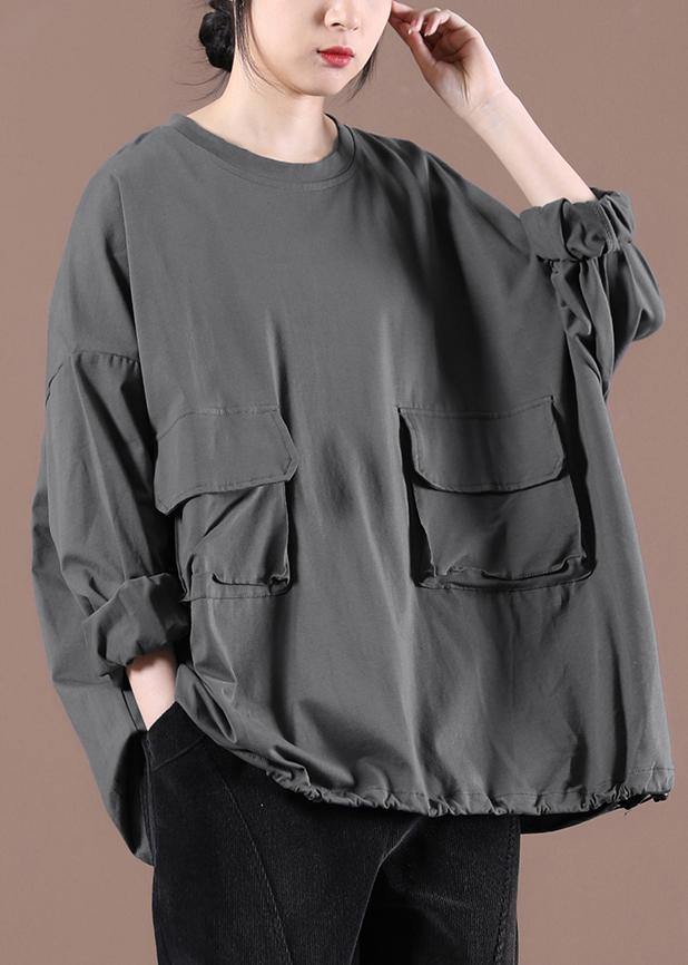 Gray Cinched Pockets Loose Sweatshirts Top