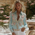 Comstylish Women's Vintage Embroidery Rose Art Button Shirt