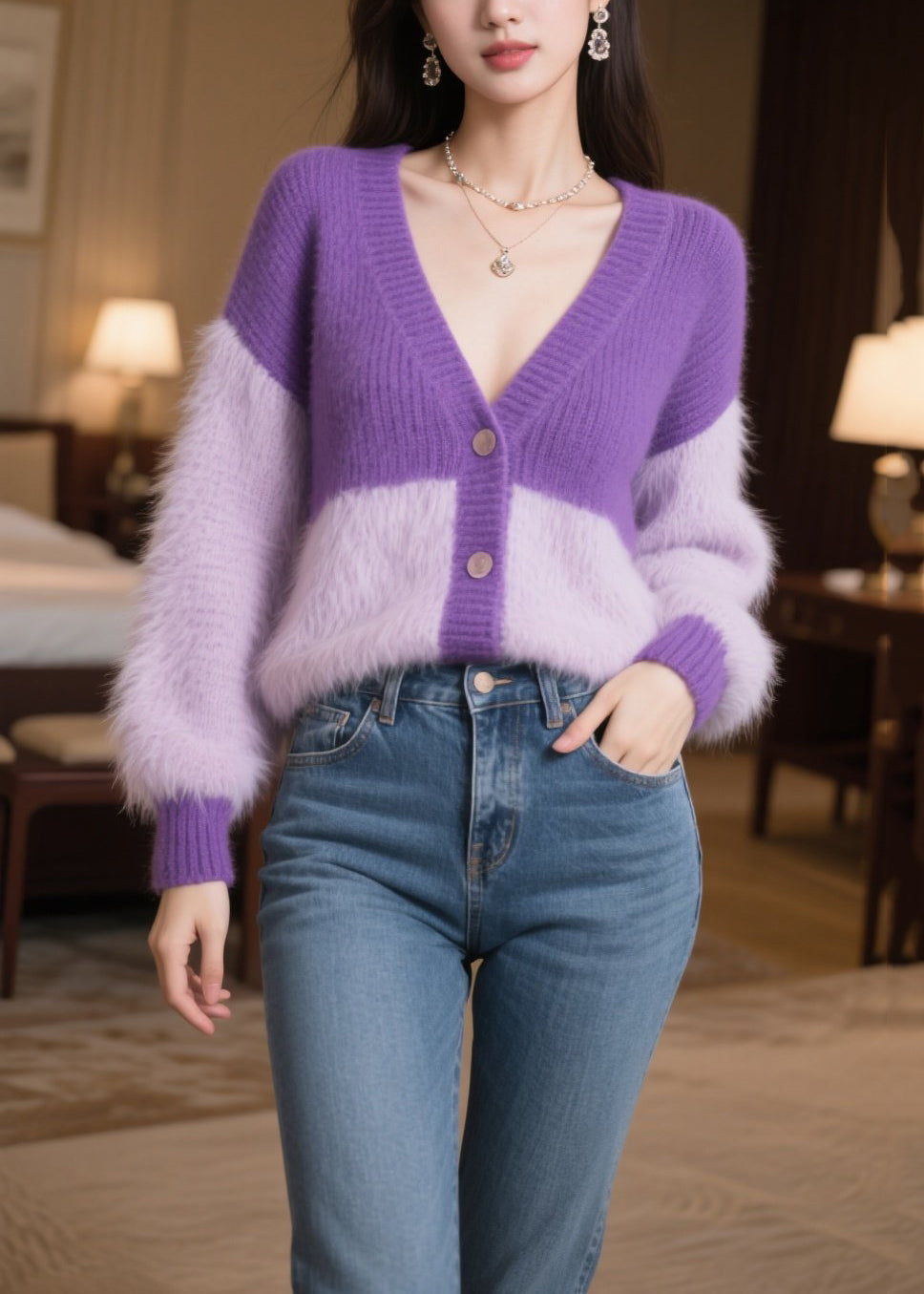 Purple Oversized Patchwork Knit Loose Coats Winter