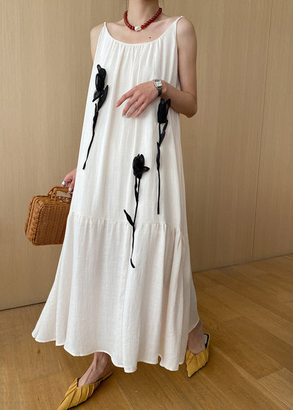 Stylish Beige Decorated Cotton Spaghetti Strap Dress Summer